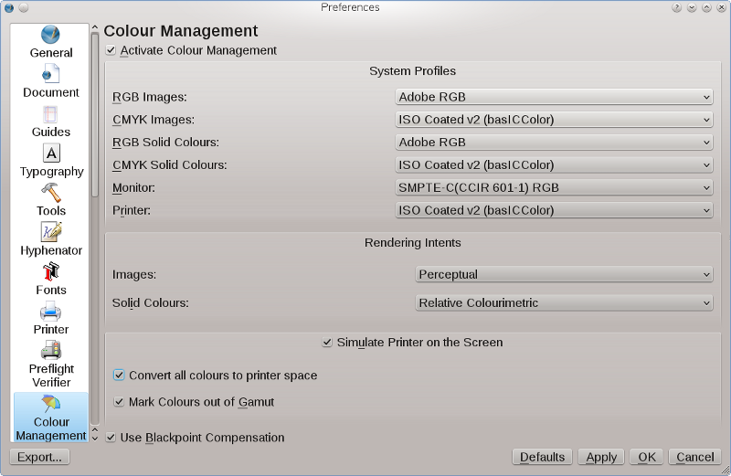 Die Einstellungen f&uuml;r das Farbmanagement