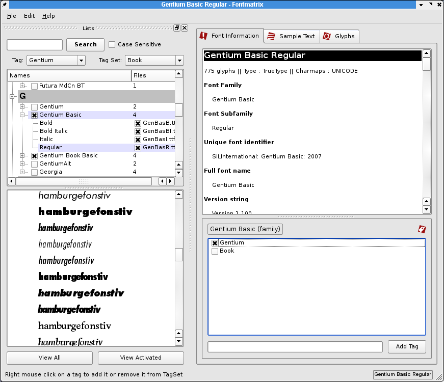 Fontmatrix displaying the wonderful Gentium font.