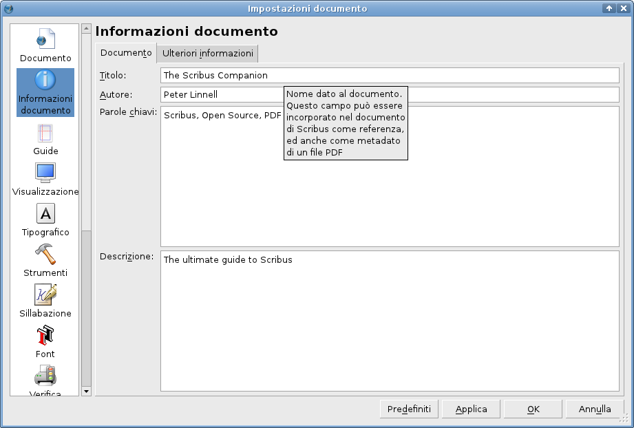 Informazioni documento per il PDF