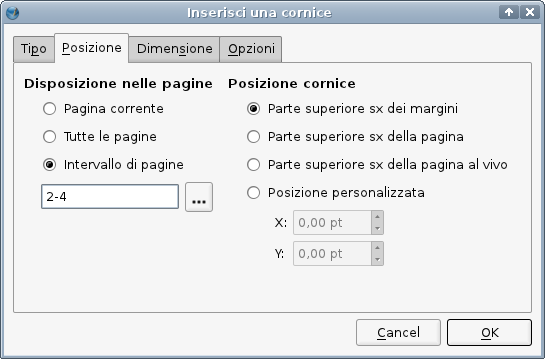 La finestra di dialogo &ldquo;Inserisci cornice&rdquo;, scheda 2