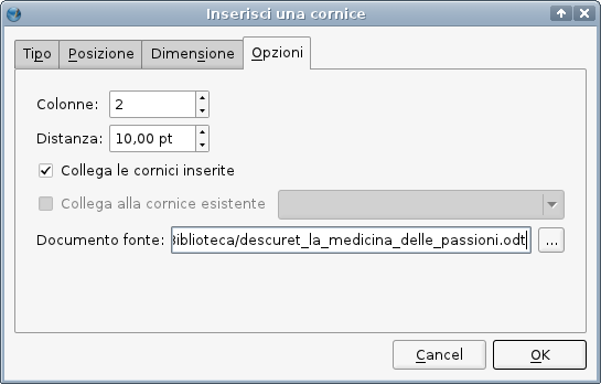 La finestra di dialogo &ldquo;Inserisci cornice&rdquo;, scheda 4