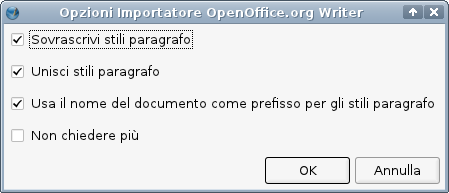 Opzioni di importazione per file OO.org Writer e OASIS (Open Document).