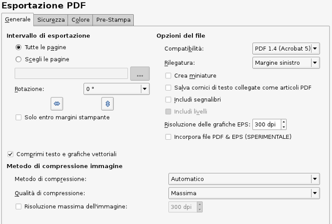 Preferenze: esporta PDF