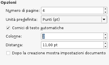 Opzioni nella finestra di dialogo Nuovo documento